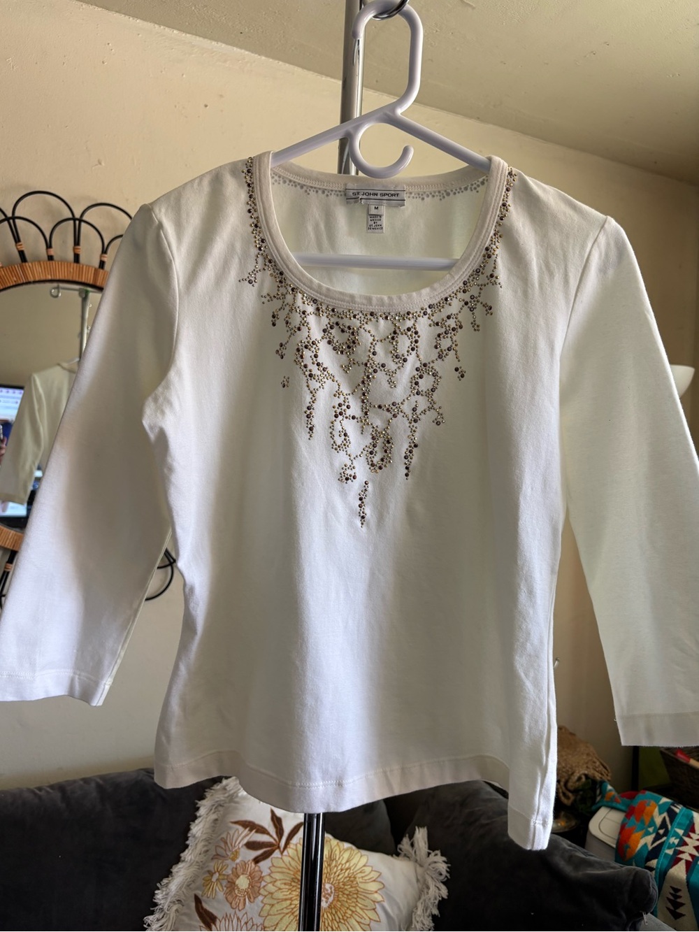 St John Sport Embellished White Long Sleeve TShirt Top Size M